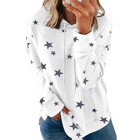 Azura Exchange  White Star Print Hoodie with Side Slits - Picture 6 of 8